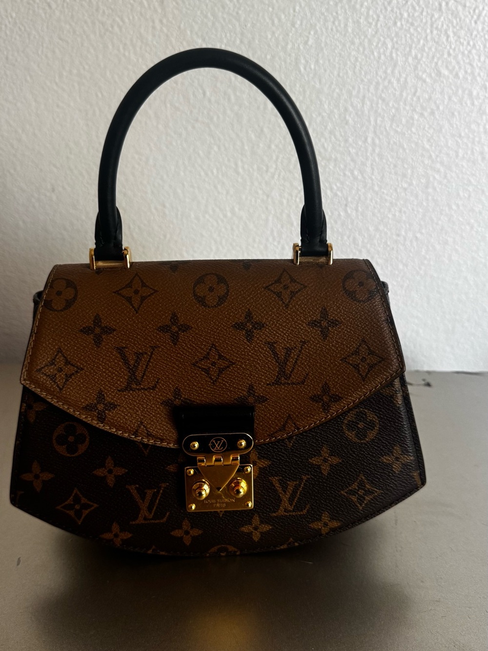 Louis Vuitton Brown Monogram Satchel with Black Handle and Gold Hardware